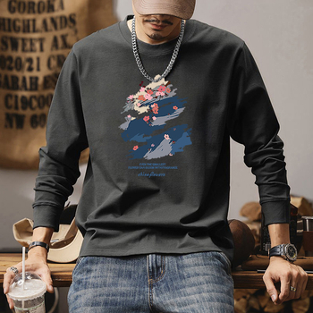Férfi hosszú ujjú T-shirt, 100% pamut, laza szabás, kerek nyakú, kapucni nélküli, geometriai mintás nyomtatás, mindennapi viselet, 2025-ös őszi kollekció
