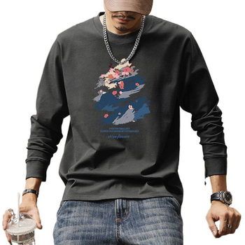 Férfi hosszú ujjú T-shirt, 100% pamut, laza szabás, kerek nyakú, kapucni nélküli, geometriai mintás nyomtatás, mindennapi viselet, 2025-ös őszi kollekció