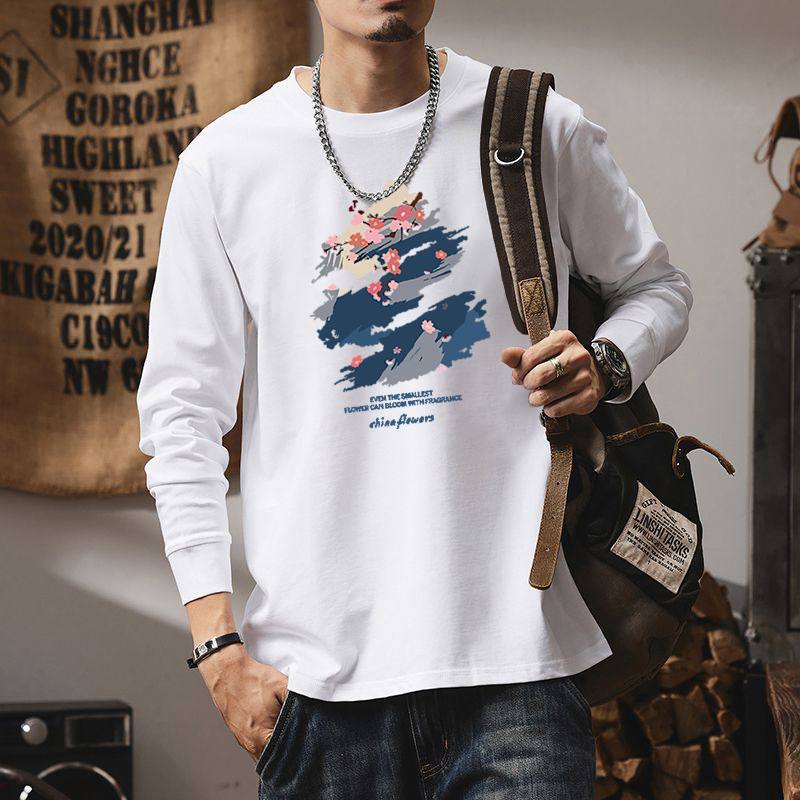 Férfi hosszú ujjú T-shirt, 100% pamut, laza szabás, kerek nyakú, kapucni nélküli, geometriai mintás nyomtatás, mindennapi viselet, 2025-ös őszi kollekció
