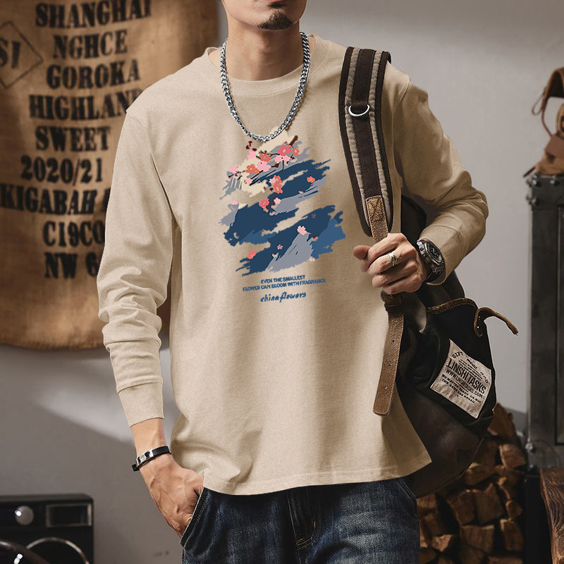 Férfi hosszú ujjú T-shirt, 100% pamut, laza szabás, kerek nyakú, kapucni nélküli, geometriai mintás nyomtatás, mindennapi viselet, 2025-ös őszi kollekció