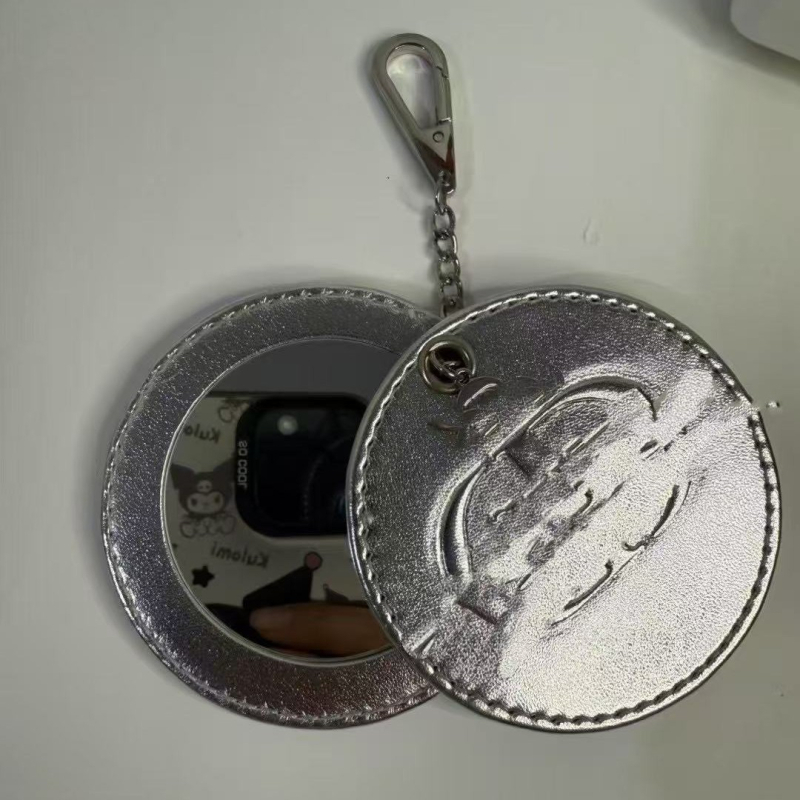 Bőr dizájnú hordozható sminktükör, kompakt, kör alakú, zsebbe illő, táskára akasztható