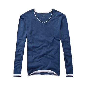 Férfi hosszú ujjú pamut T-shirt V-nyakkal, szűk szabású, egyszínű, tavasz–ősz, modell T2026
