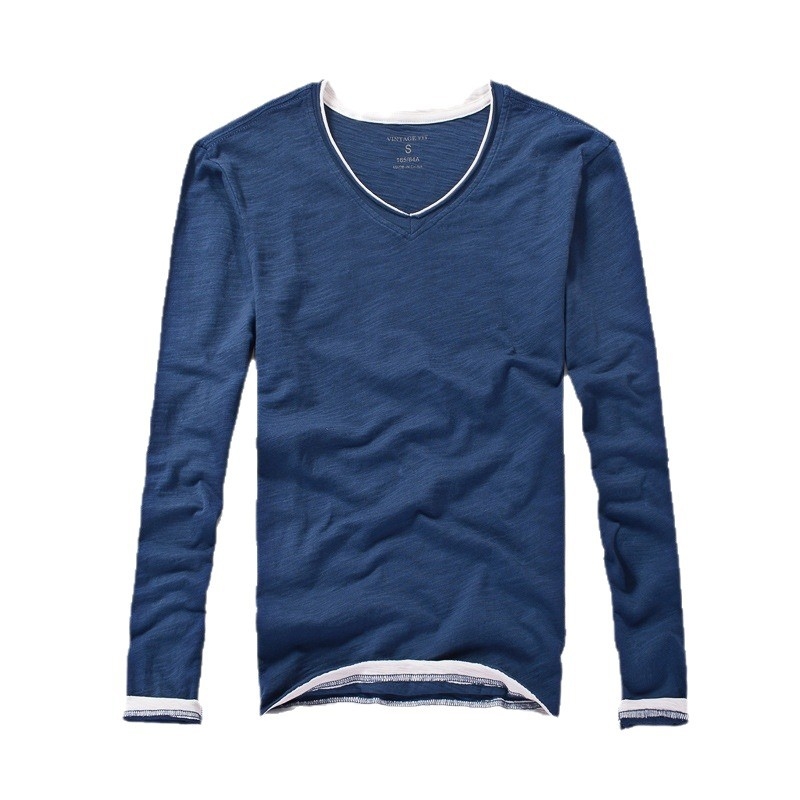 Férfi hosszú ujjú pamut T-shirt V-nyakkal, szűk szabású, egyszínű, tavasz–ősz, modell T2026