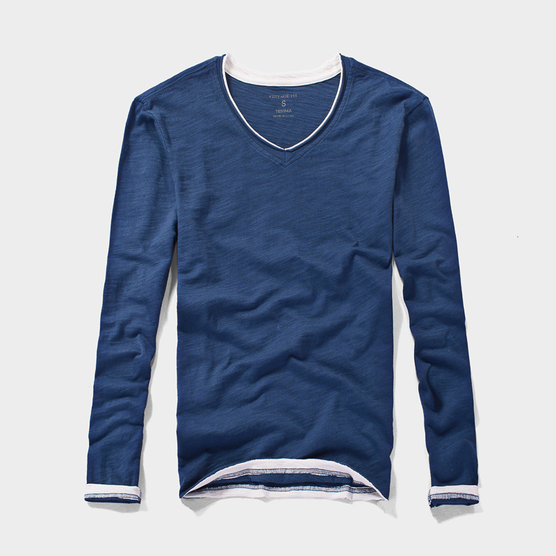 Férfi hosszú ujjú pamut T-shirt V-nyakkal, szűk szabású, egyszínű, tavasz–ősz, modell T2026
