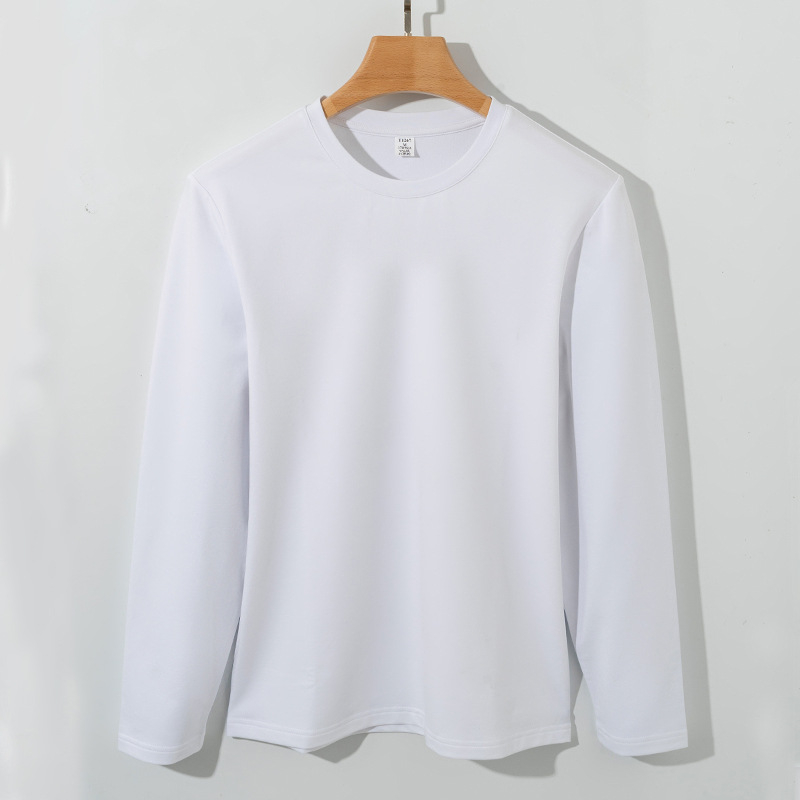 Férfi fehér pamut-spandex hosszú ujjú póló, kerek nyakú, prémium új modell, 265 g