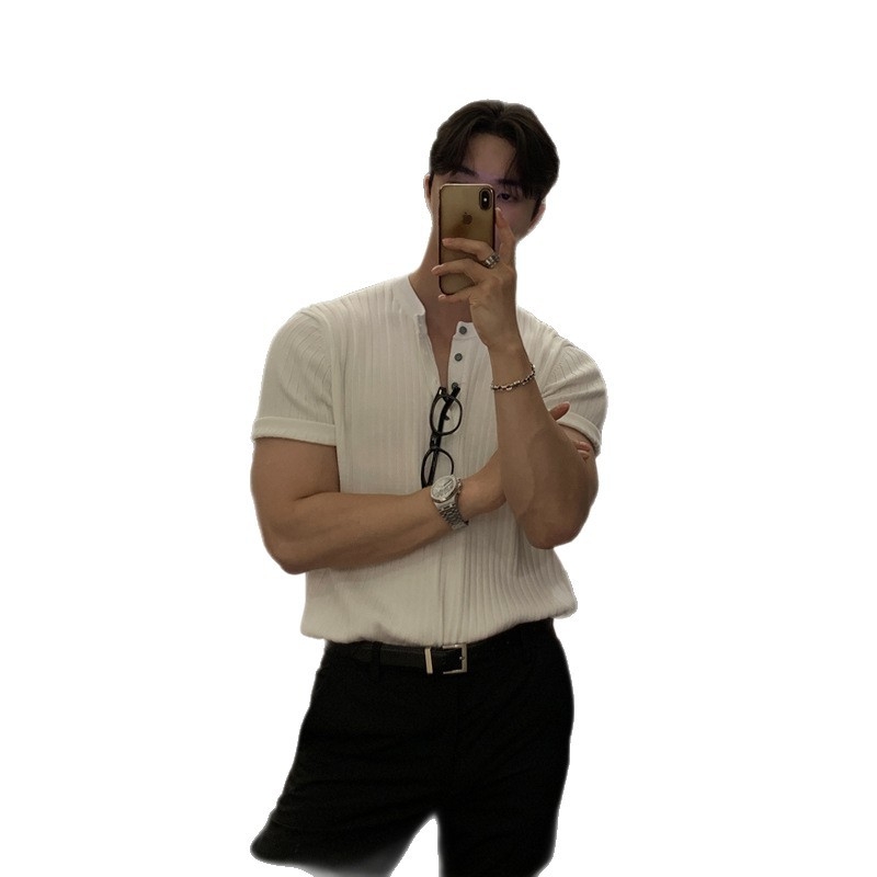 Férfi Henry galléros rövid ujjú kötött polo, brit stílus, slim fit, Ice Silk anyag
