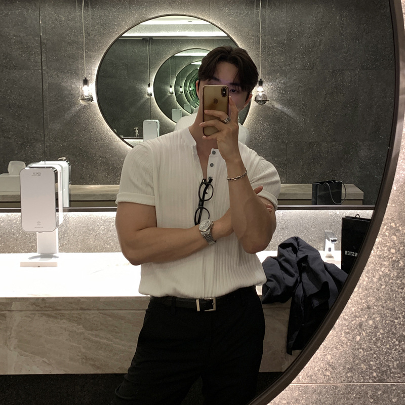 Férfi Henry galléros rövid ujjú kötött polo, brit stílus, slim fit, Ice Silk anyag