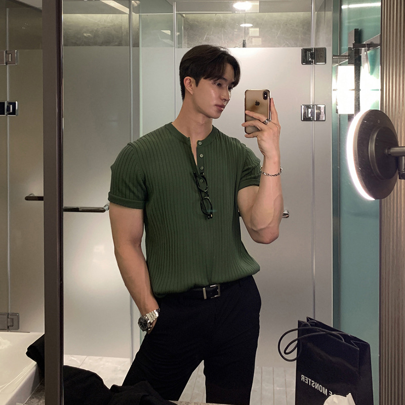 Férfi Henry galléros rövid ujjú kötött polo, brit stílus, slim fit, Ice Silk anyag