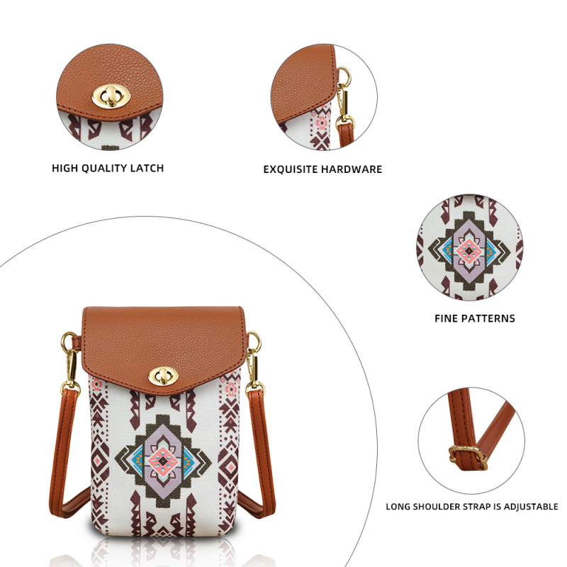 Ženska torbica za telefon u boho stilu, dvodjelni set, kanvas, crossbody torba s remenom, mala, za posao