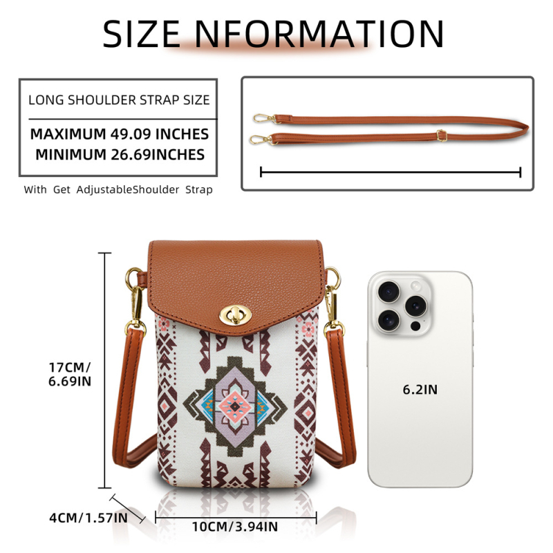 Ženska torbica za telefon u boho stilu, dvodjelni set, kanvas, crossbody torba s remenom, mala, za posao