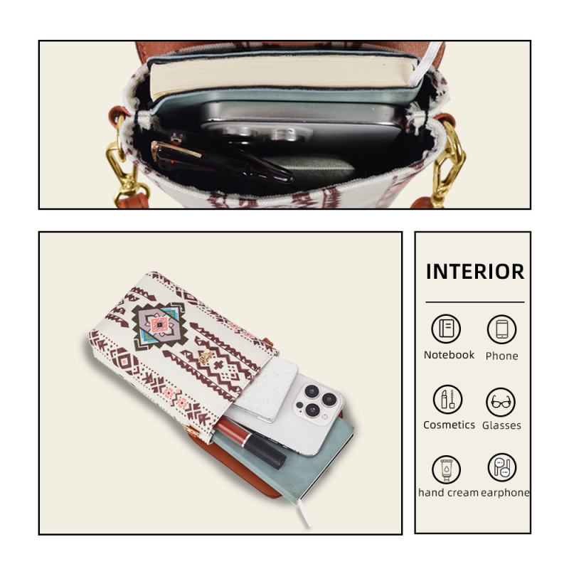 Ženska torbica za telefon u boho stilu, dvodjelni set, kanvas, crossbody torba s remenom, mala, za posao