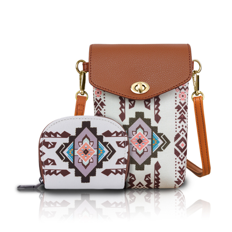 Ženska torbica za telefon u boho stilu, dvodjelni set, kanvas, crossbody torba s remenom, mala, za posao