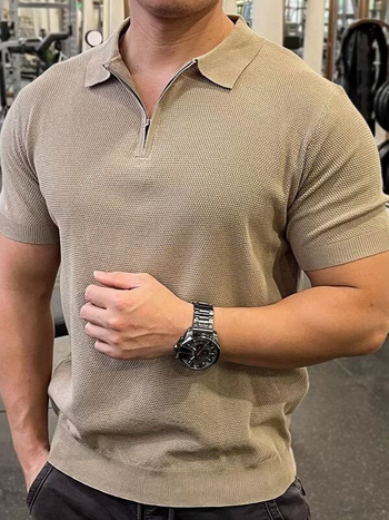 Férfi félcipzáras Ice Silk polo, karcsúsított fazon, rövid ujjú, vékony anyag