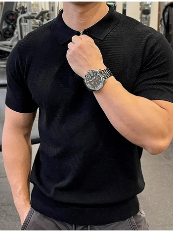 Férfi félcipzáras Ice Silk polo, karcsúsított fazon, rövid ujjú, vékony anyag