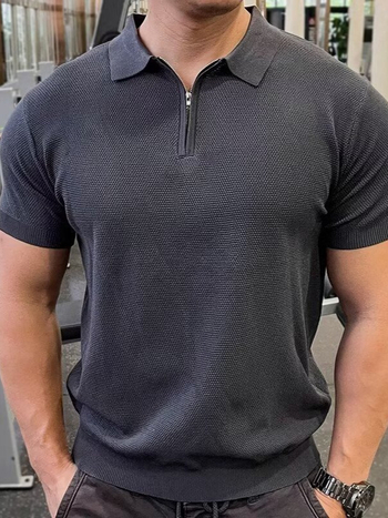 Férfi félcipzáras Ice Silk polo, karcsúsított fazon, rövid ujjú, vékony anyag