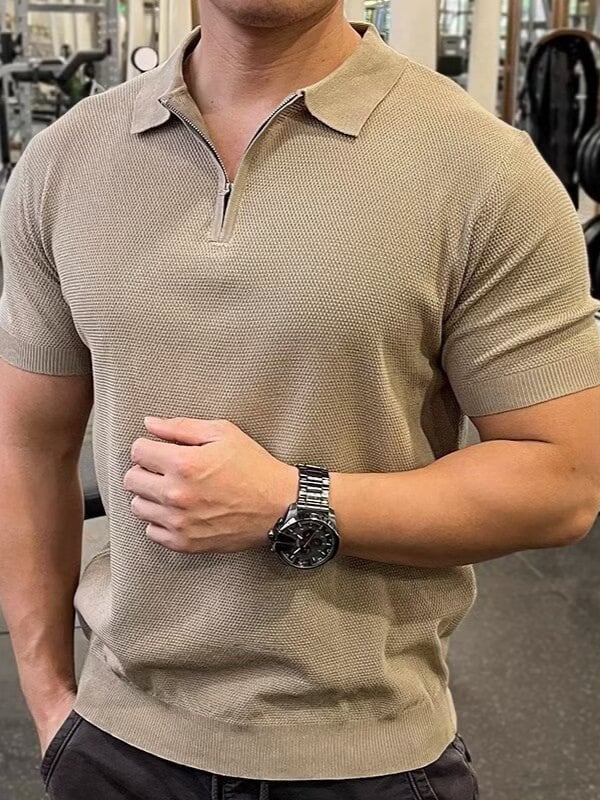 Férfi félcipzáras Ice Silk polo, karcsúsított fazon, rövid ujjú, vékony anyag