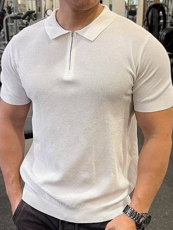 Férfi félcipzáras Ice Silk polo, karcsúsított fazon, rövid ujjú, vékony anyag