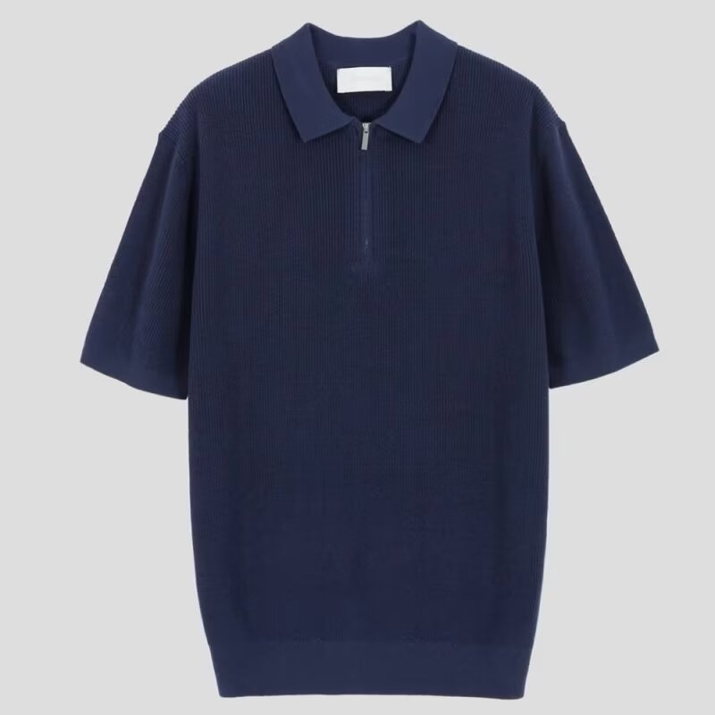 Férfi félcipzáras Ice Silk polo, karcsúsított fazon, rövid ujjú, vékony anyag