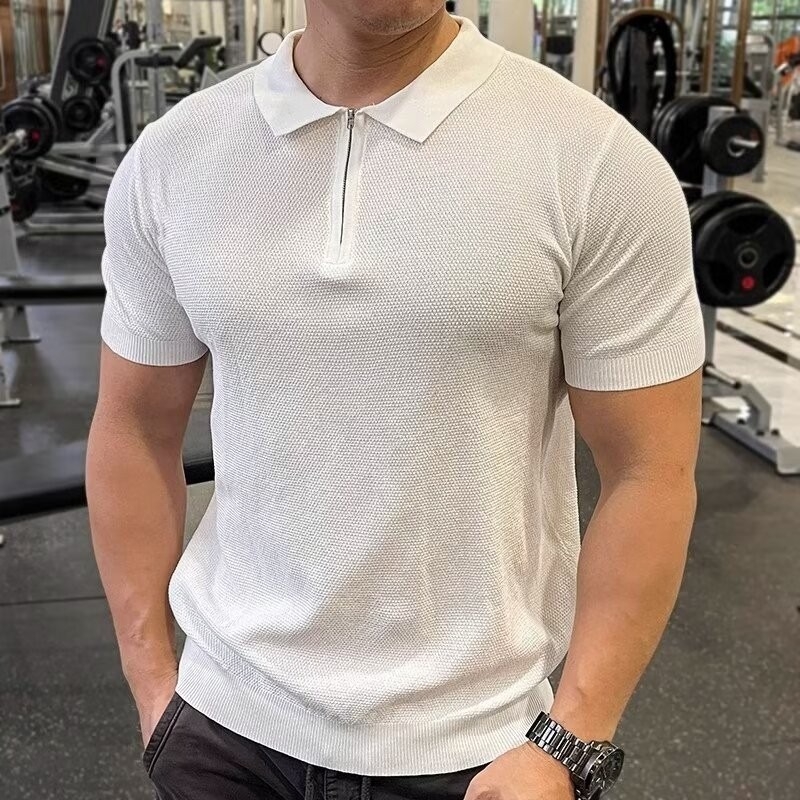 Férfi félcipzáras Ice Silk polo, karcsúsított fazon, rövid ujjú, vékony anyag