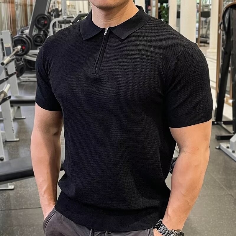 Férfi félcipzáras Ice Silk polo, karcsúsított fazon, rövid ujjú, vékony anyag