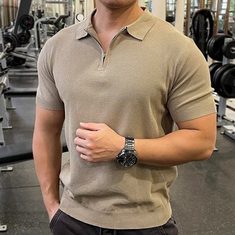 Férfi félcipzáras Ice Silk polo, karcsúsított fazon, rövid ujjú, vékony anyag