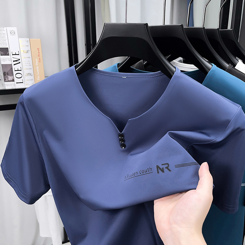 Muška majica kratkih rukava, opuštenog kroja, ljeto 2024, okrugli izrez, prozračni laneno-sintetski materijal s geometrijskim printom slova.