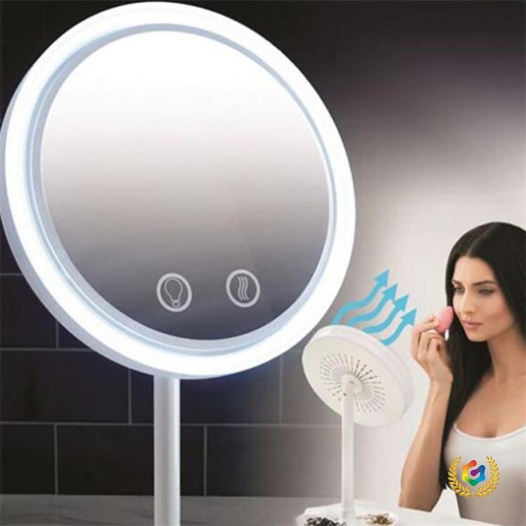 LED sminktükör ventilátorral és fényforrással, asztali egyoldalas tükör nagyítóval, szépség tükör, kis kerek tükör