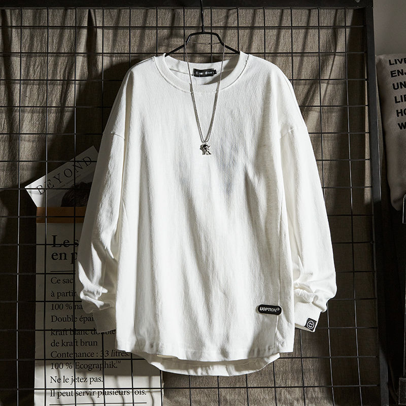 Muški bijeli T-shirt s dugim rukavima, teška pamuk, osnovni sloj za jesen i zimu