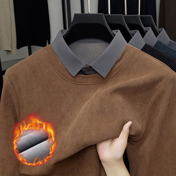 Férfi fleeces béléssel bélelt kötött pulóver, polo gallér, hosszú ujjú, őszi–téli alapdarab