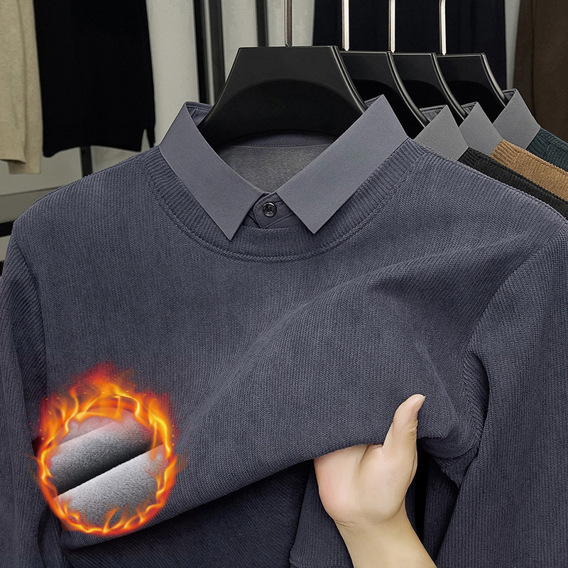 Férfi fleeces béléssel bélelt kötött pulóver, polo gallér, hosszú ujjú, őszi–téli alapdarab
