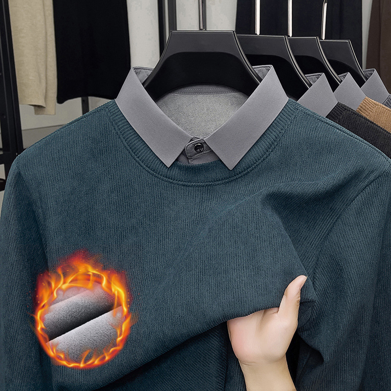 Férfi fleeces béléssel bélelt kötött pulóver, polo gallér, hosszú ujjú, őszi–téli alapdarab