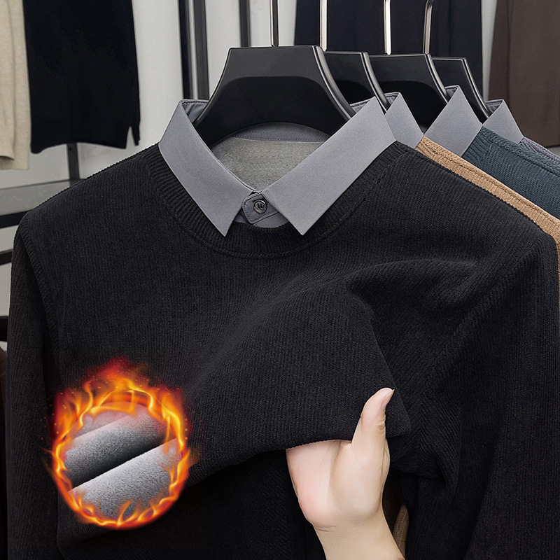 Férfi fleeces béléssel bélelt kötött pulóver, polo gallér, hosszú ujjú, őszi–téli alapdarab