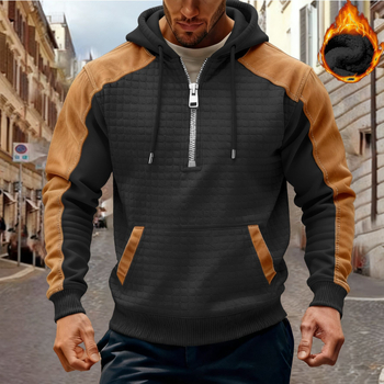 Férfiaknak színblokkolt kapucnis fleece-bélésű pulóver cipzárral