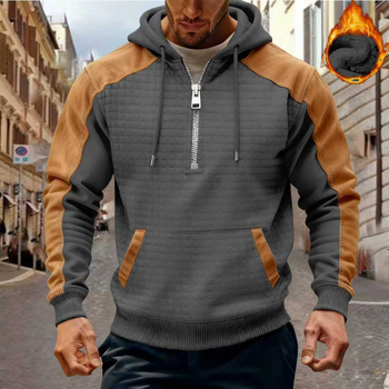 Férfiaknak színblokkolt kapucnis fleece-bélésű pulóver cipzárral