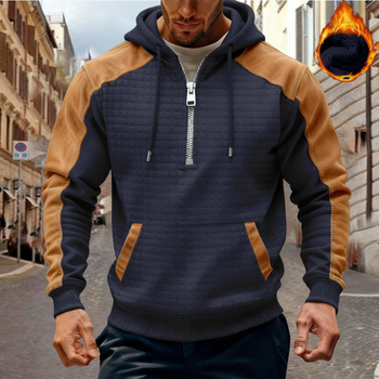 Férfiaknak színblokkolt kapucnis fleece-bélésű pulóver cipzárral