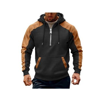 Férfiaknak színblokkolt kapucnis fleece-bélésű pulóver cipzárral