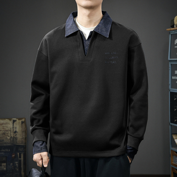 Férfi denim polo pulóver fleece-beléssel, 2025 tél, hosszú ujjú, laza szabás, kapucni nélkül, két rész hatás