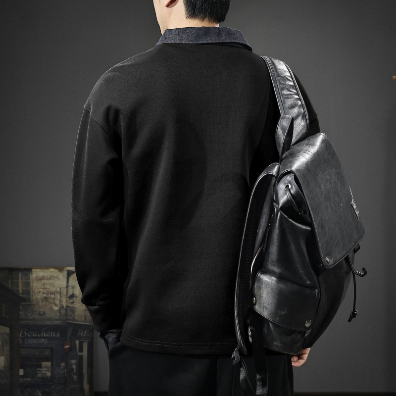 Férfi denim polo pulóver fleece-beléssel, 2025 tél, hosszú ujjú, laza szabás, kapucni nélkül, két rész hatás