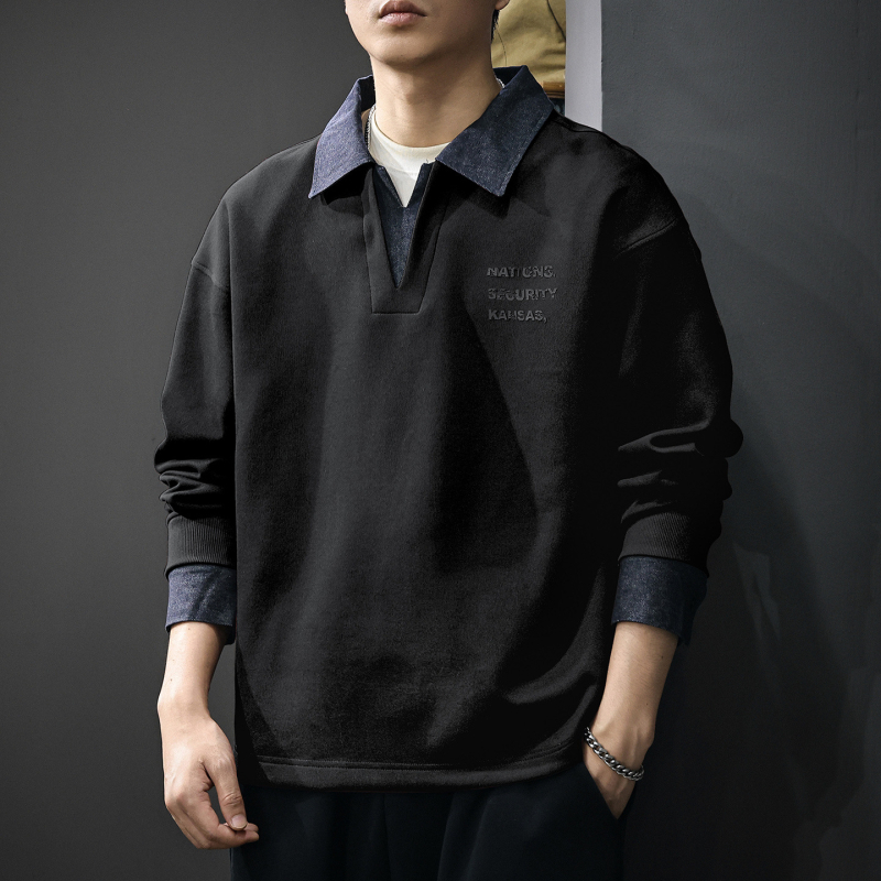 Férfi denim polo pulóver fleece-beléssel, 2025 tél, hosszú ujjú, laza szabás, kapucni nélkül, két rész hatás
