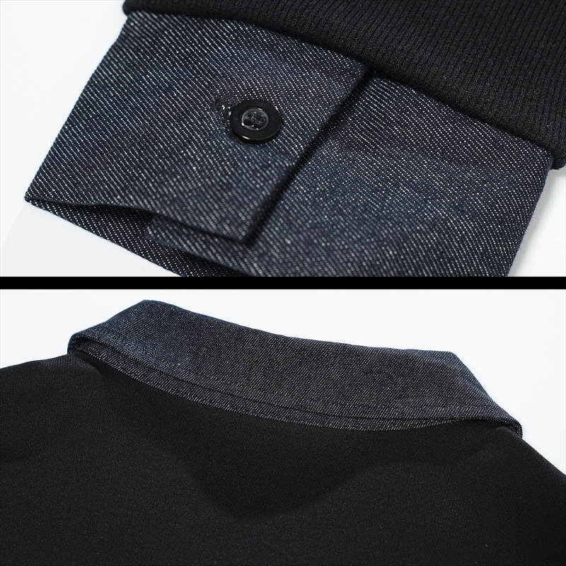 Férfi denim polo pulóver fleece-beléssel, 2025 tél, hosszú ujjú, laza szabás, kapucni nélkül, két rész hatás