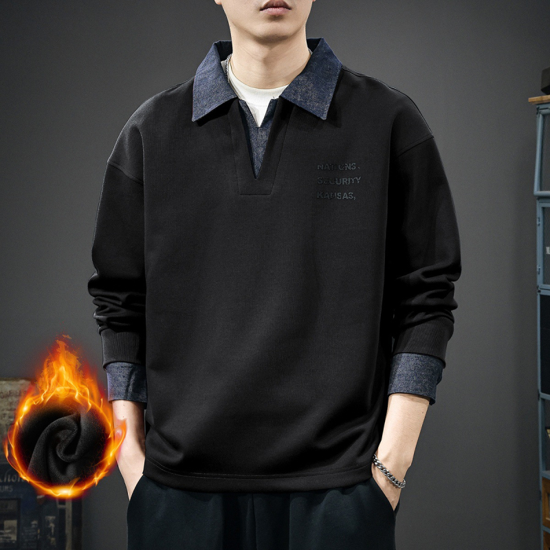 Férfi denim polo pulóver fleece-beléssel, 2025 tél, hosszú ujjú, laza szabás, kapucni nélkül, két rész hatás