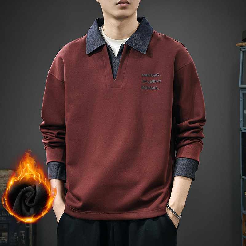 Férfi denim polo pulóver fleece-beléssel, 2025 tél, hosszú ujjú, laza szabás, kapucni nélkül, két rész hatás