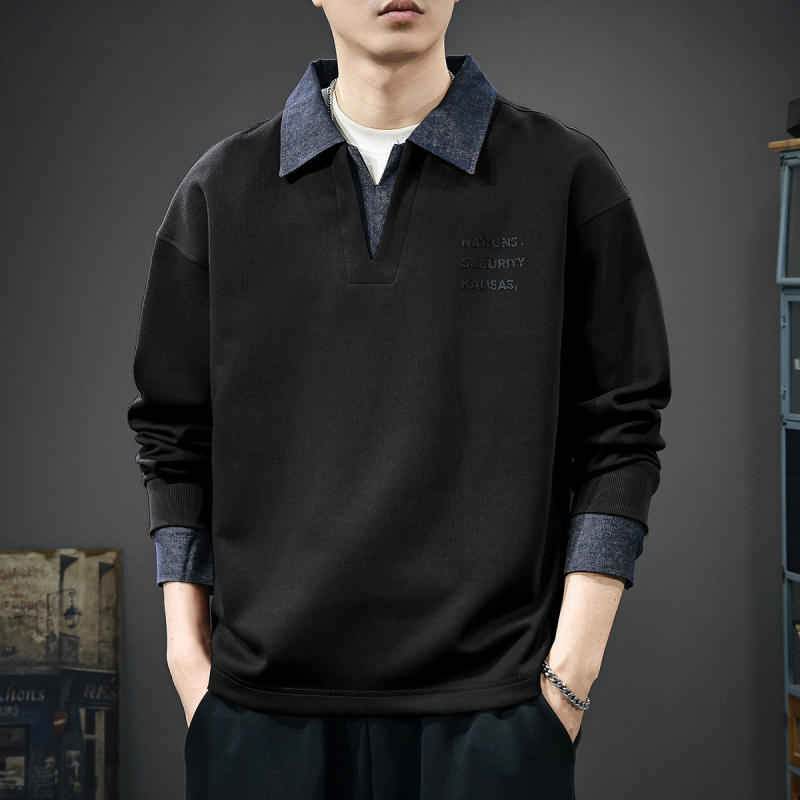 Férfi denim polo pulóver fleece-beléssel, 2025 tél, hosszú ujjú, laza szabás, kapucni nélkül, két rész hatás