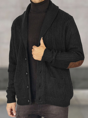 Férfi slim-fit kötött kardigán gallérral, hosszú ujjaival, velúr patchwork részletekkel