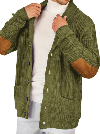 Férfi slim-fit kötött kardigán gallérral, hosszú ujjaival, velúr patchwork részletekkel