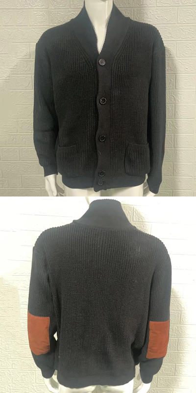 Férfi slim-fit kötött kardigán gallérral, hosszú ujjaival, velúr patchwork részletekkel