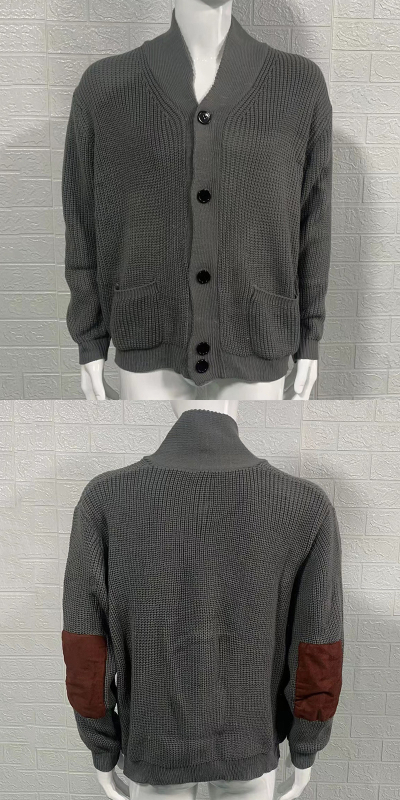 Férfi slim-fit kötött kardigán gallérral, hosszú ujjaival, velúr patchwork részletekkel