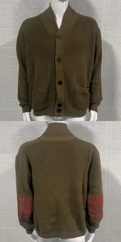 Férfi slim-fit kötött kardigán gallérral, hosszú ujjaival, velúr patchwork részletekkel