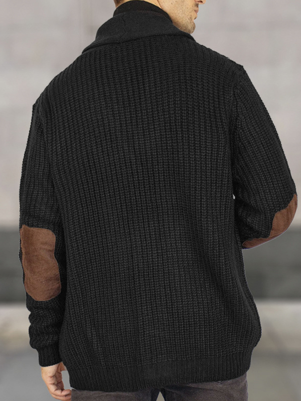 Férfi slim-fit kötött kardigán gallérral, hosszú ujjaival, velúr patchwork részletekkel
