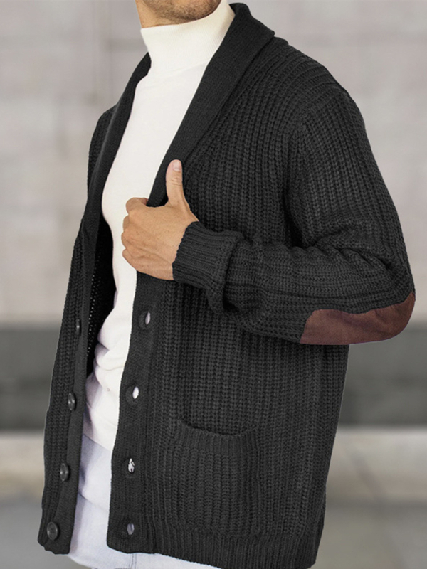 Férfi slim-fit kötött kardigán gallérral, hosszú ujjaival, velúr patchwork részletekkel